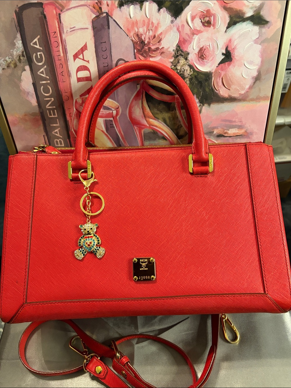 MCM Red Saffiano Leather Crossbody Satchel with Gold Hardware